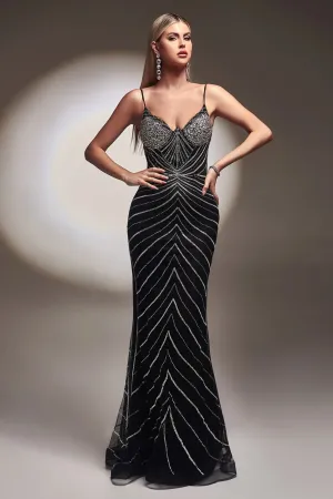 CR866 FITTED GLITTER PRINT GOWN