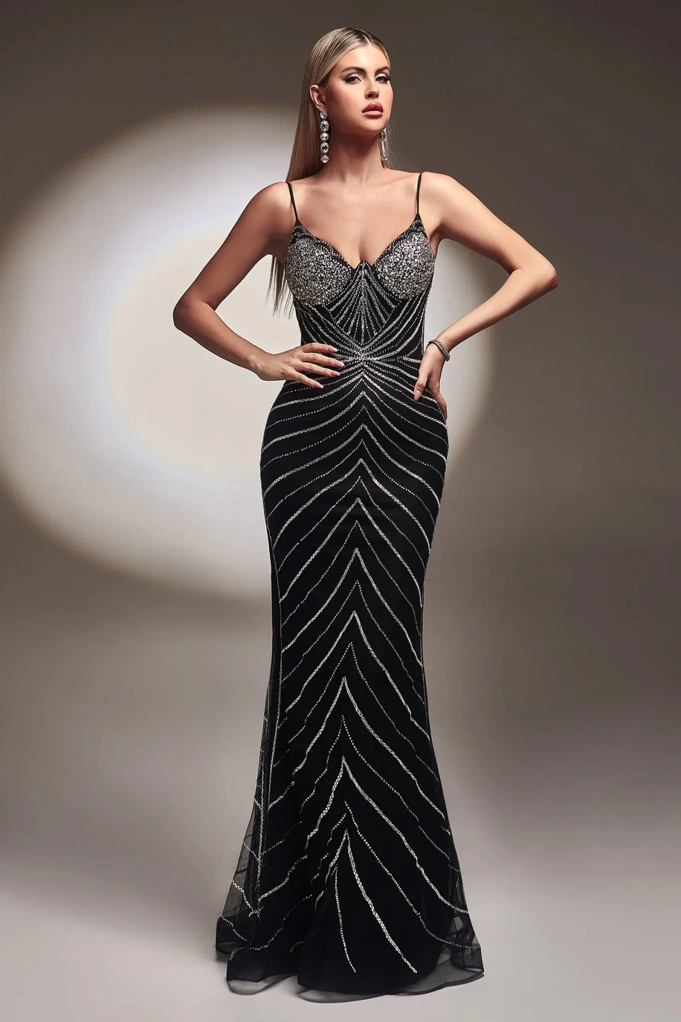 CR866 FITTED GLITTER PRINT GOWN