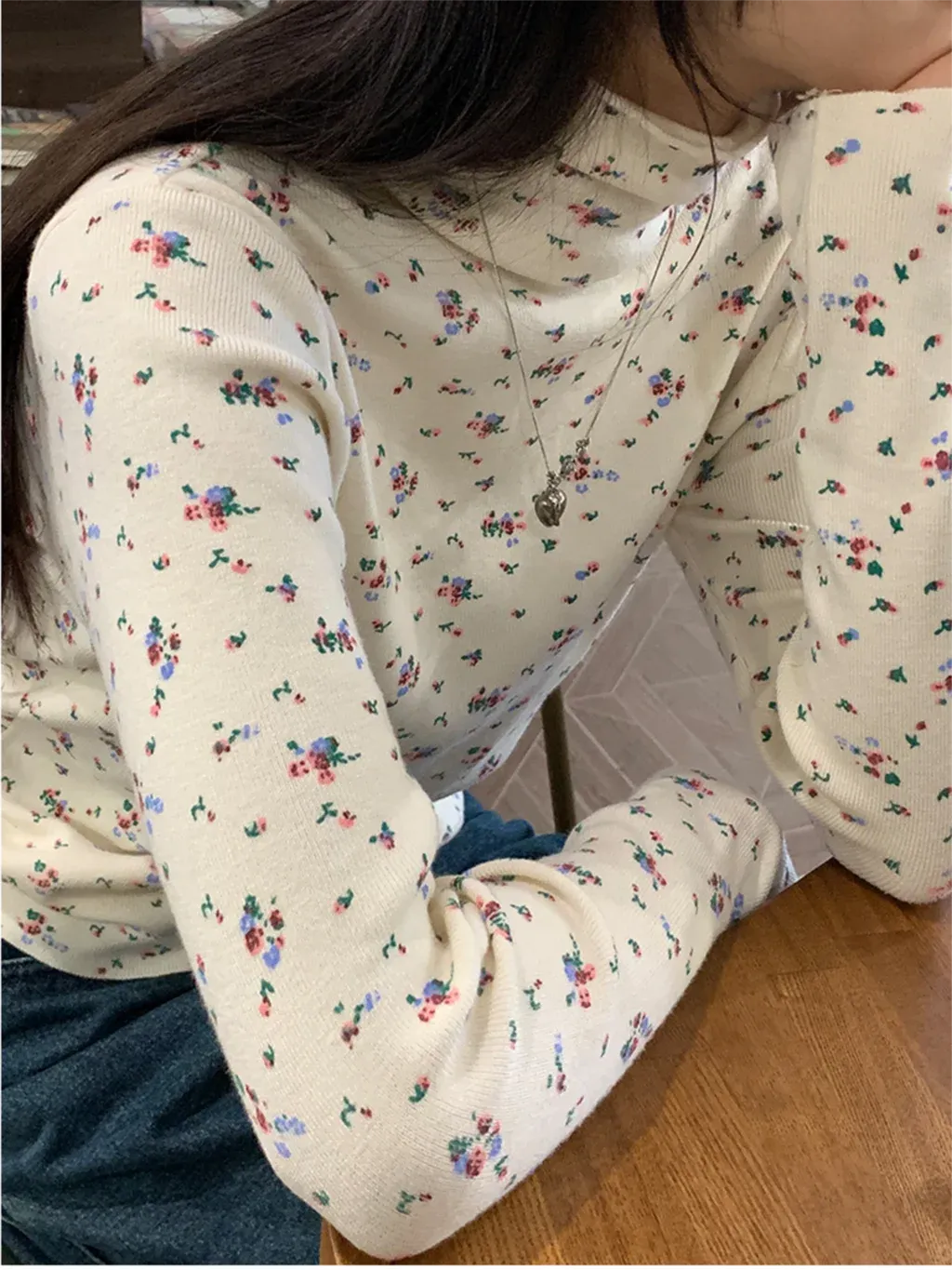 Girlary Floral Print Sweet Long Sleeve T-Shirt For Woman Half High Collar Slim Cotton Tees Autumn Casual Cute Preppy Style Tops Clothes