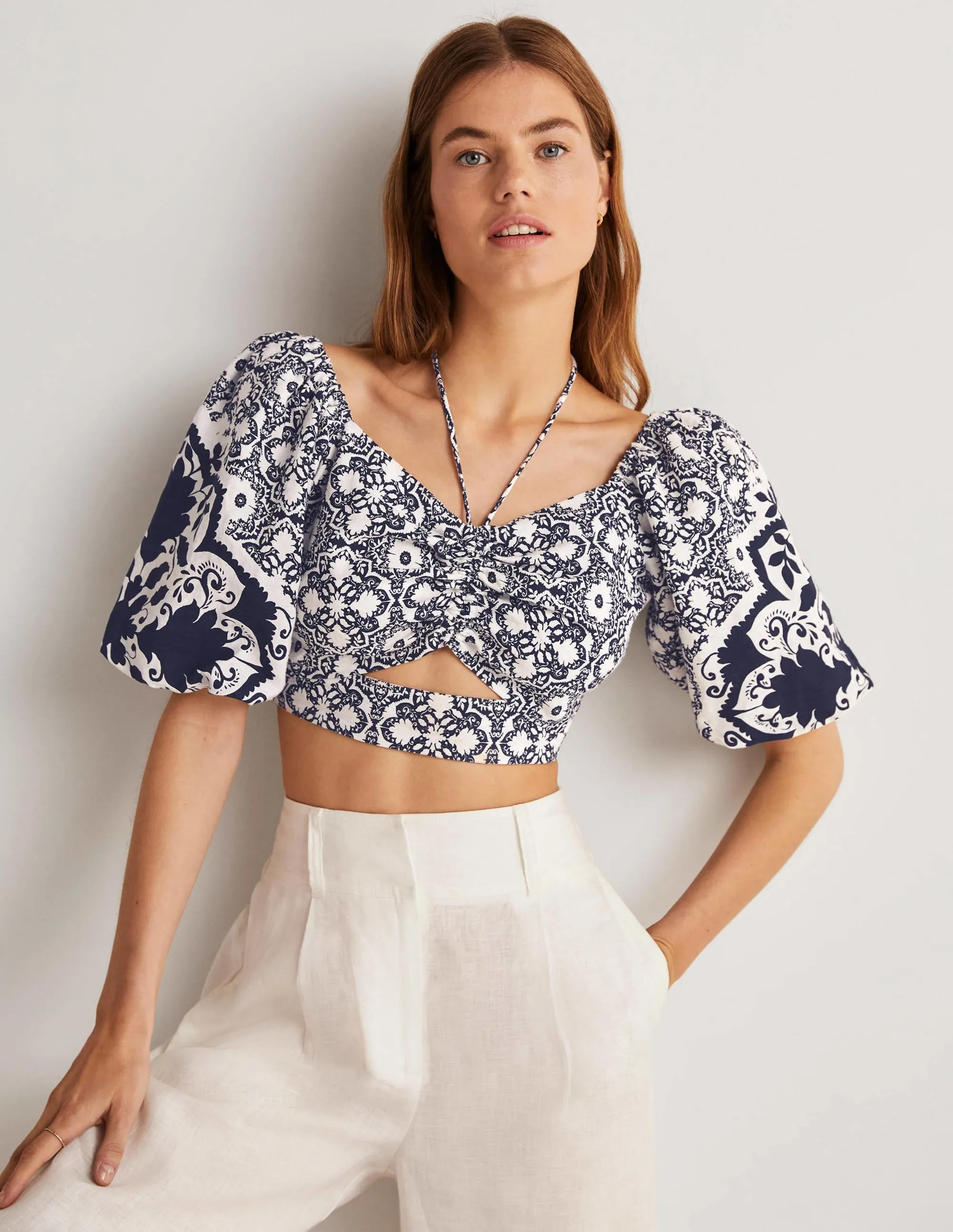 Halterneck Cut Out Crop Top-Navy, Bloomsbury