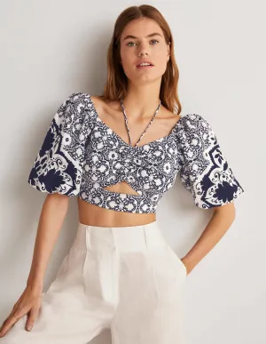 Halterneck Cut Out Crop Top-Navy, Bloomsbury