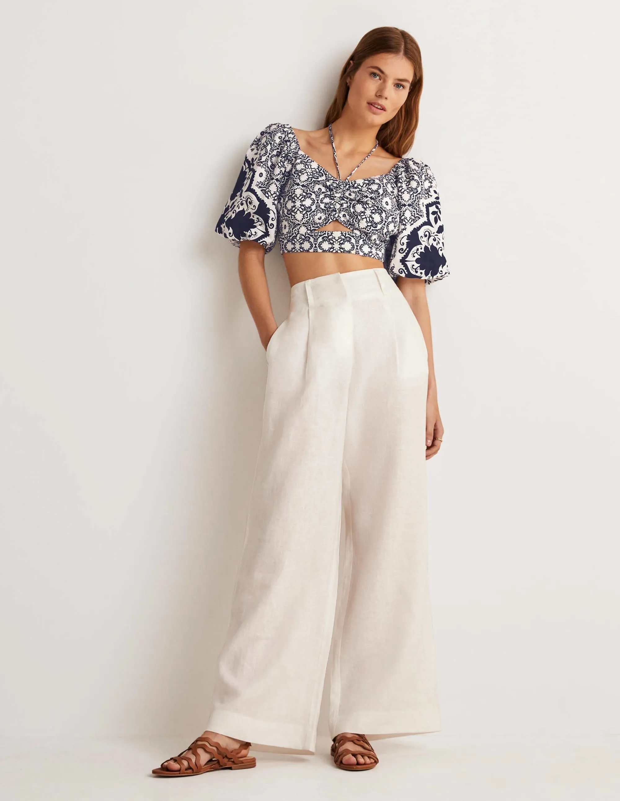 Halterneck Cut Out Crop Top-Navy, Bloomsbury