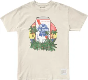 Pabst Blue Ribbon Can with Tropical Sunset Vintage Style T-Shirt (Medium) White
