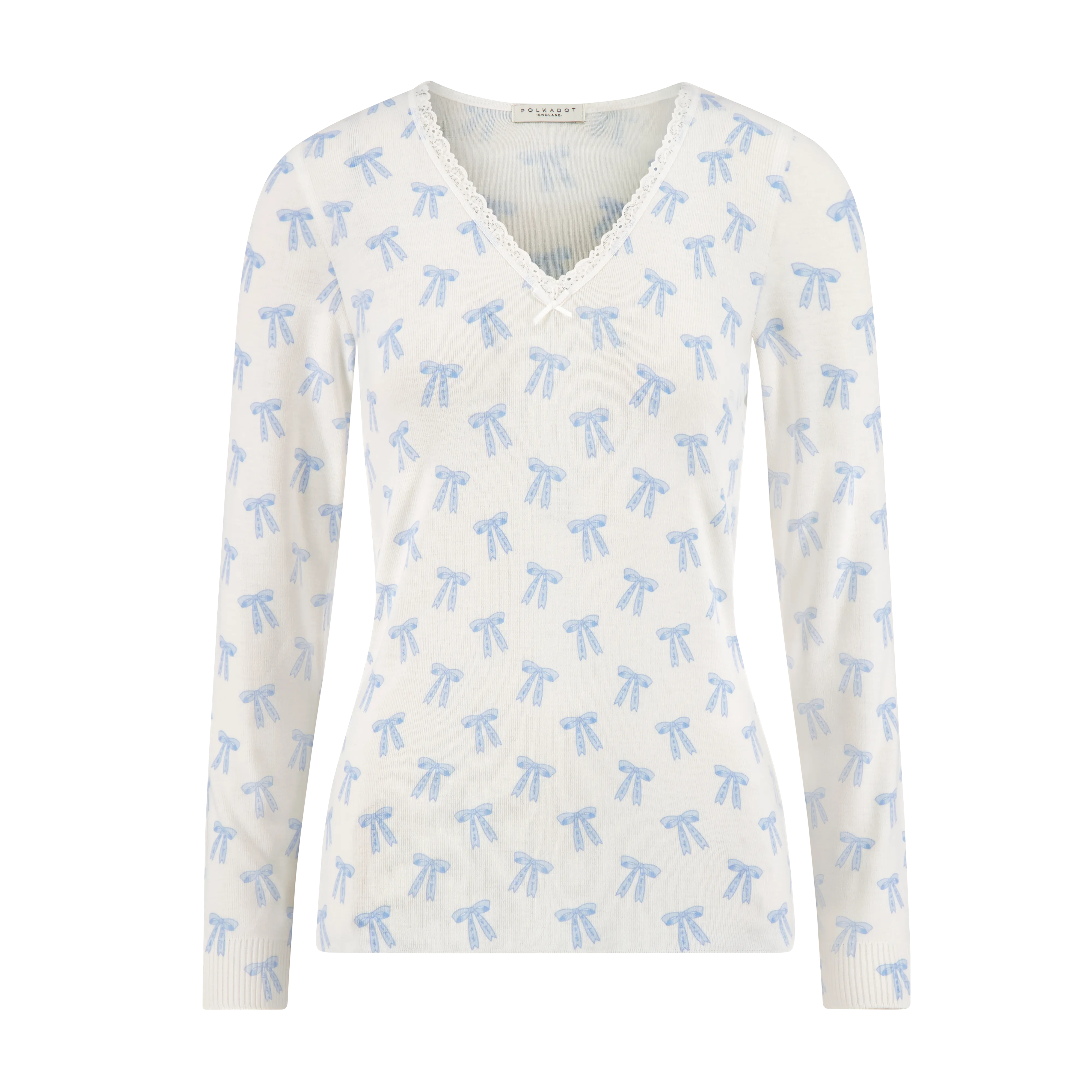 PAULINE V NECK SLOUCHY Blue Forever Love Bow Print