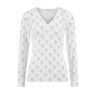 PAULINE V NECK SLOUCHY Blue Forever Love Bow Print