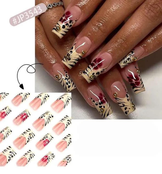 Pcs French Leopard Print Glitter- أظافر الأكريليك