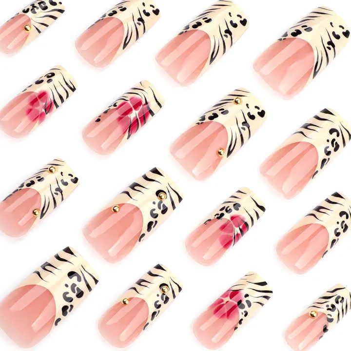 Pcs French Leopard Print Glitter- أظافر الأكريليك