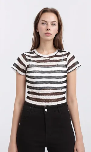 R210515 - Short Sleeves Striped Sheer Top - Black & White