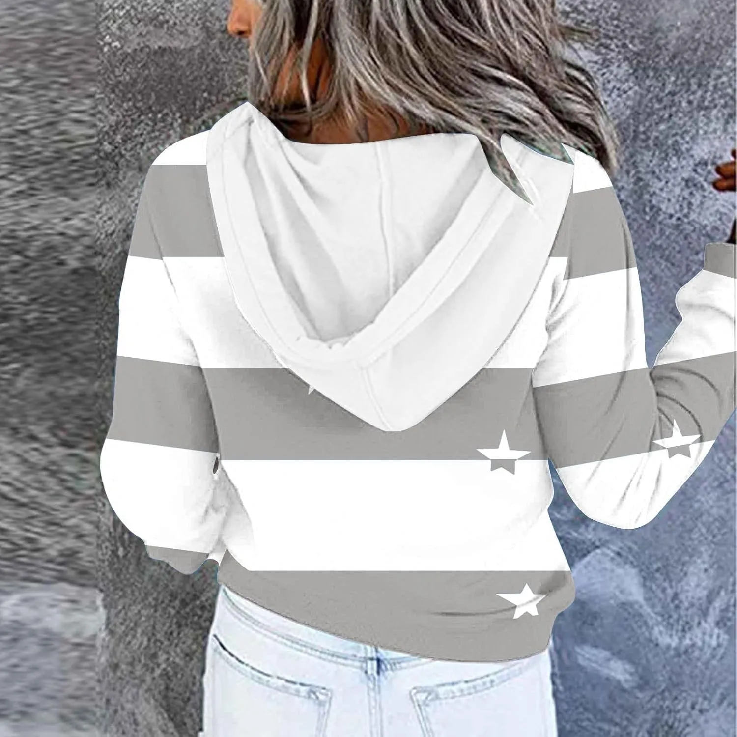 Ruziyoog Hoodie for Women Striped Color Block Button Down Sweatshirt Casual Long Sleeve Drawstring Oversize Pullover