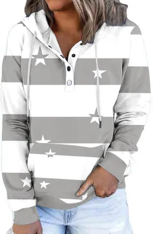 Ruziyoog Hoodie for Women Striped Color Block Button Down Sweatshirt Casual Long Sleeve Drawstring Oversize Pullover