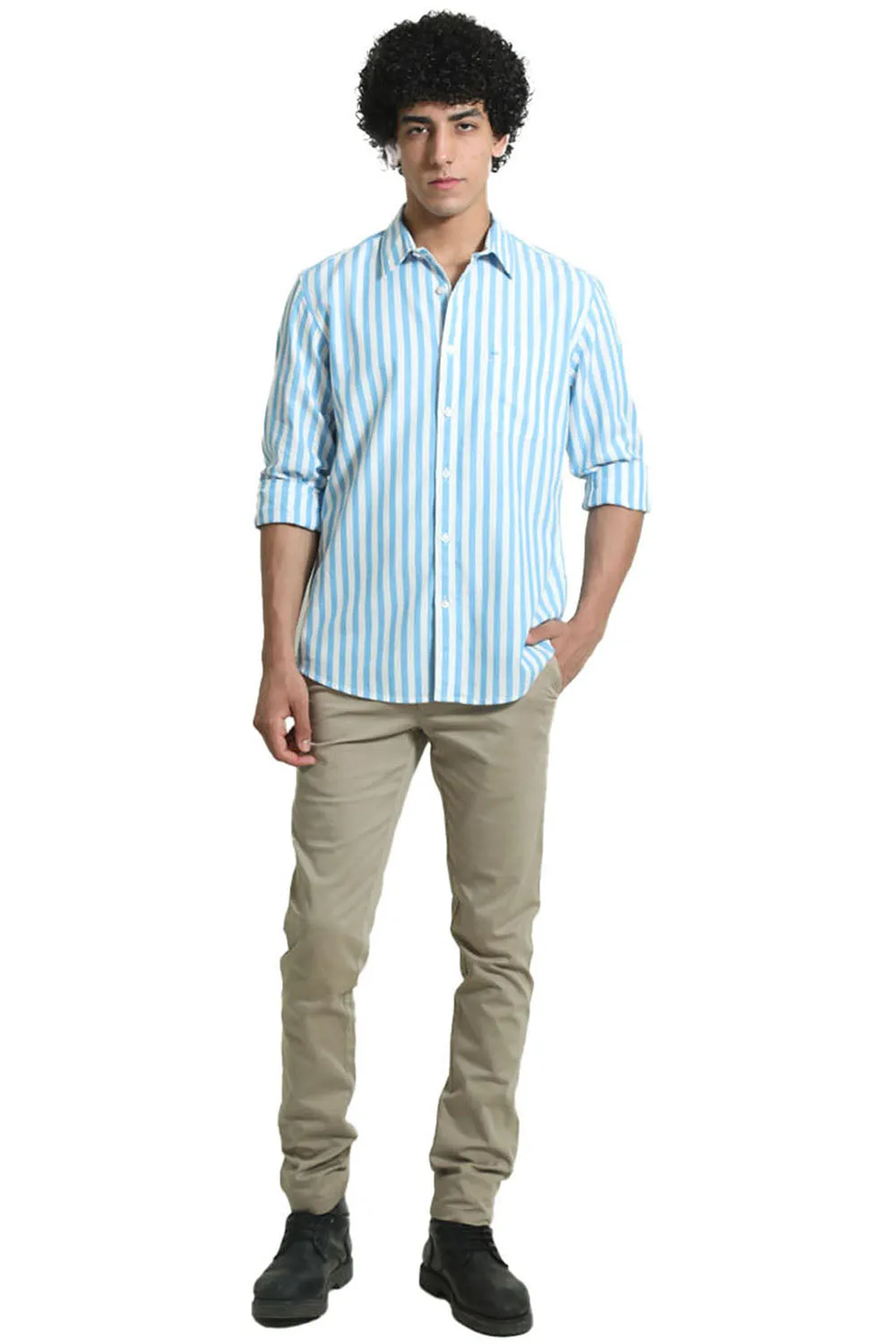 Slim Fit Cotton Herringbone Twill Stripe Shirt