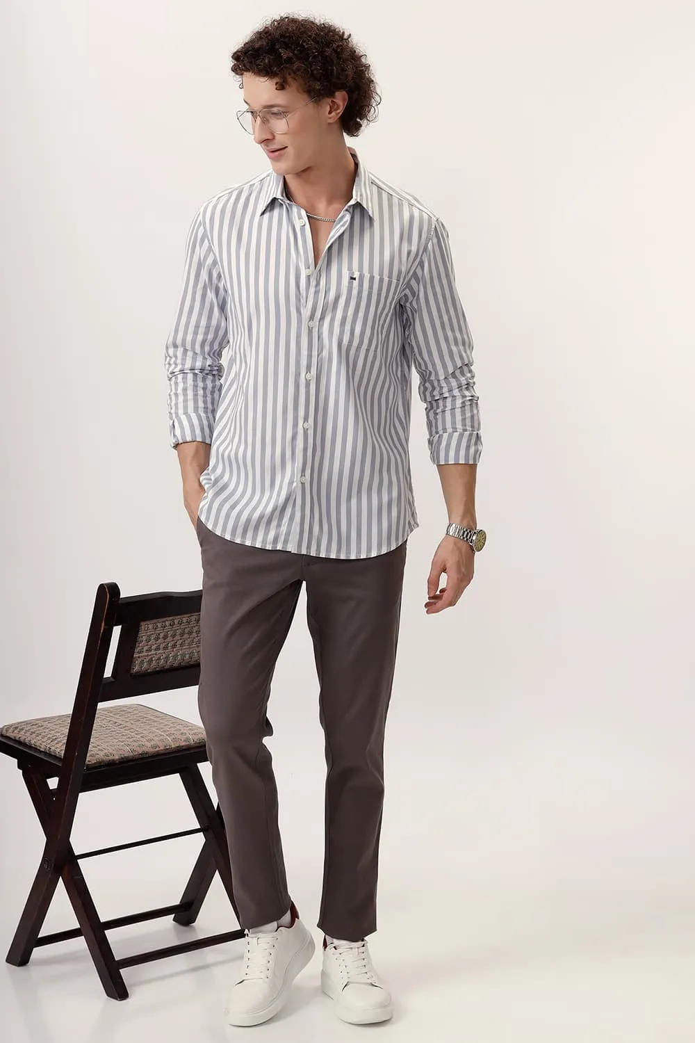 Slim Fit Cotton Herringbone Twill Stripe Shirt