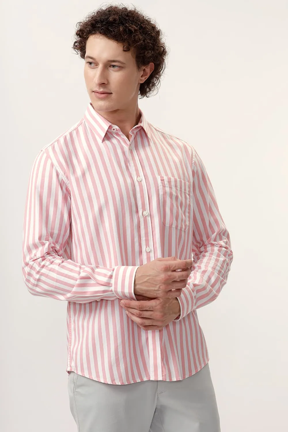 Slim Fit Cotton Herringbone Twill Stripe Shirt