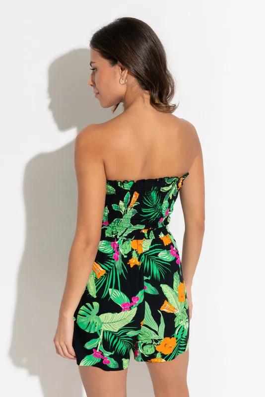Strapless Beach Playsuit Tropical Print-TROPICAL PRI