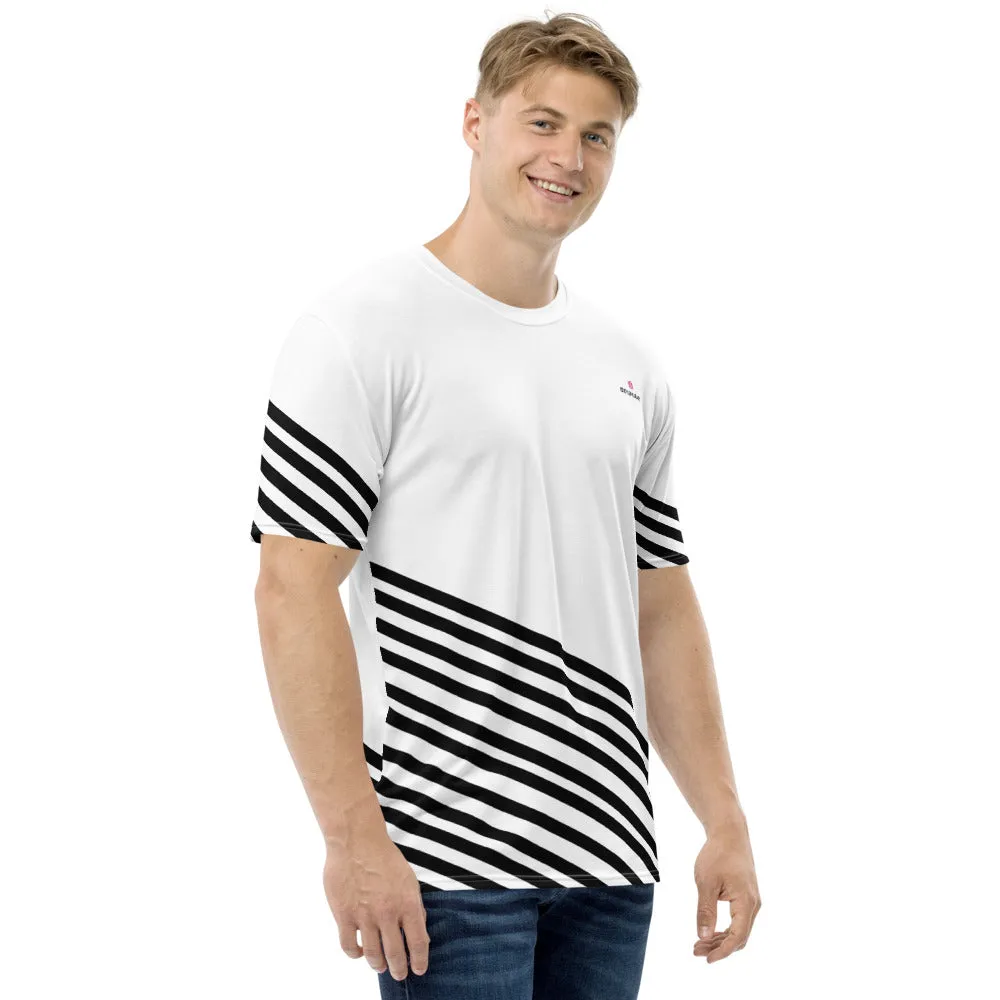White Black Striped Men's T-shirt, Modern Stripes Premium Tees For Men-Made in USA/EU