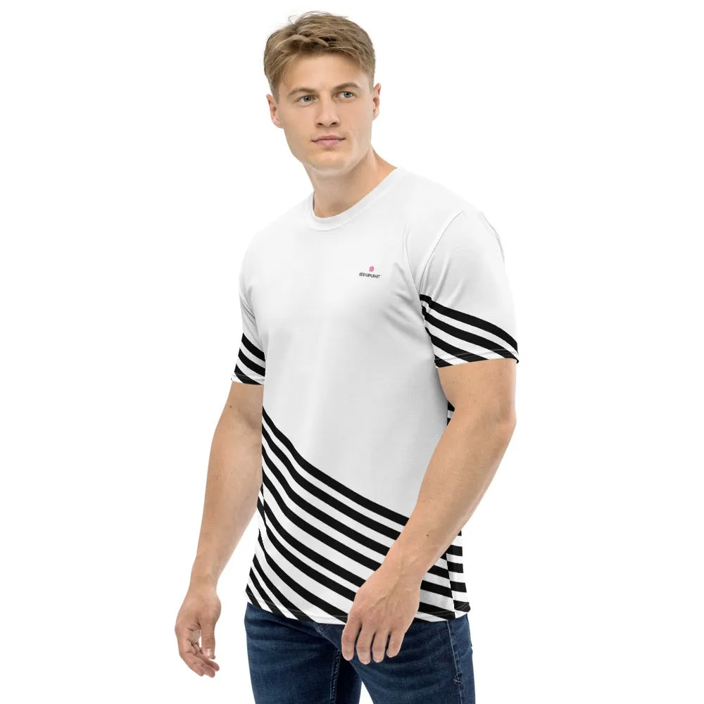 White Black Striped Men's T-shirt, Modern Stripes Premium Tees For Men-Made in USA/EU